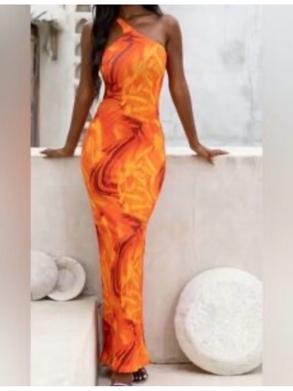 Club L London One-Shoulder Orange Swirl Maxi Dress Size 12